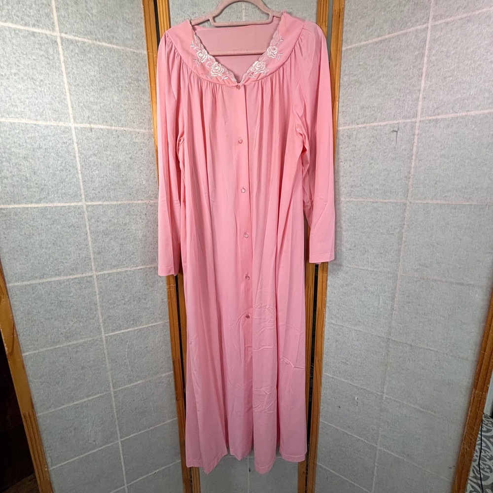 Vintage Nightgown Pink Floral Embroidered Button Front Maxi House Coat